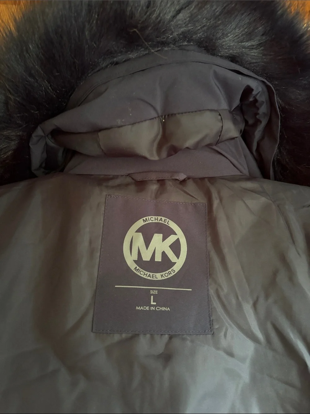 Michael Kors Navy Quilted Hooded Puffer Coat with Fur Trim size L preowned